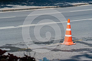 Traffic bright cones orange row asphalt road safety danger driving, for dividing highway from city for text activity