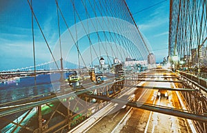 Traffic on Brooklyn Bridge at night