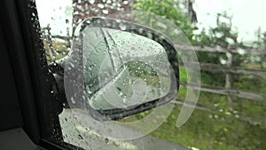 Traffic Car in Storm on Highway, Driver Driving Auto in Heavy Rain on City Road, Rainy Drops on Rearview Mirror Vehicle Flooding