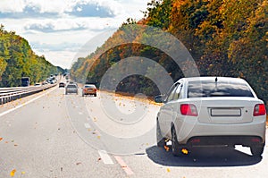 Traffic of cars by day along a busy road among autumn trees and flying yellow leaves.