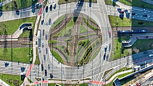 Traffic circle with tramways, trams and cars in Krakow, Poland. Aerial view