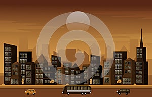 Traffic City Urban Skyscraper Building Cityscape View Flat Design Illustration