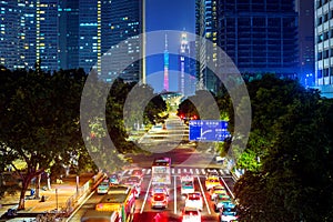 Traffic and Cityscape at night in Guangzhou, China