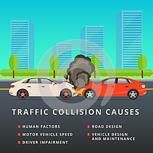 Traffic collision causes. Car crash vector illustration.