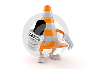 Traffic cone character holding interview microphone