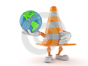 Traffic cone character holding world globe