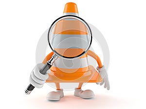 Traffic cone character looking through magnifying glass
