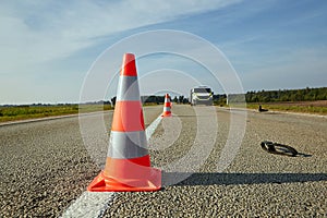 Traffic cone on motorbike accident scene