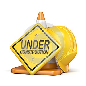 Traffic cone with UNDER CONSTRUCTION road sign 3D