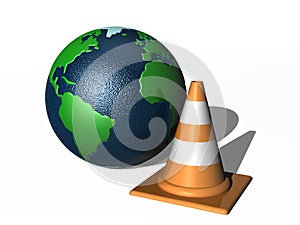 Traffic cone and world globe