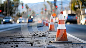 Traffic cones on a bustling city street undergoing repair. Focus on safety and urban maintenance. Daylight, shallow