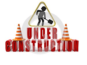 Traffic cones and a computer with the words: under construction on the display 3d render