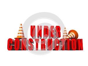 Traffic cones and a computer with the words: under construction on the display 3d render