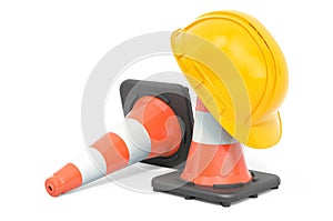 Traffic cones with hard hat, 3D rendering