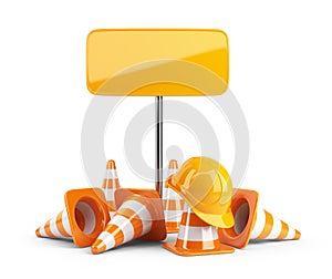 Traffic cones and hard hat. Road sign. isolated