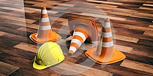 Traffic cones and hard hat on wooden background. 3d illustration