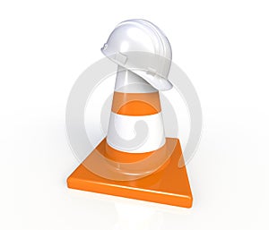 Traffic cones and hardhat. Road sign.