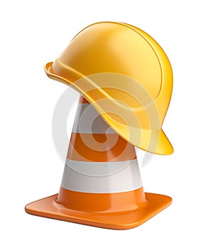 Traffic cones and hardhat. Road sign