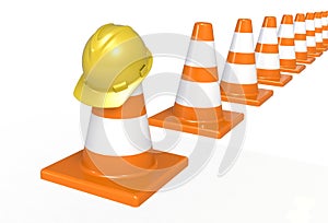 Traffic cones and hardhat. Road sign. Icon isolated on white background