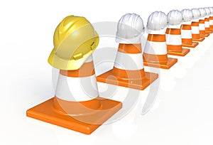 Traffic cones and hardhat. Road sign. Icon isolated on white background