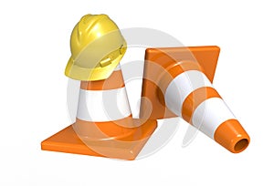 Traffic cones and hardhat. Road sign. Icon isolated on white background