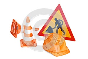 Traffic cones, hardhat and road sign. Under construction concept