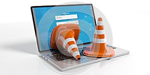 Traffic cones on a laptop, 3d illustration