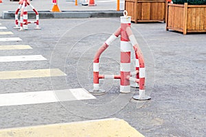 Traffic cones in the middle of the street. traffic safety and roadwork signs