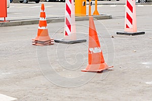 Traffic cones in the middle of the street. traffic safety and roadwork signs