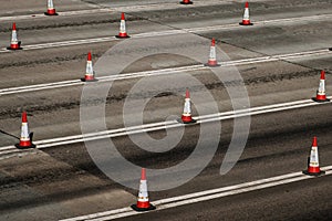 Traffic cones on multi lane highway road