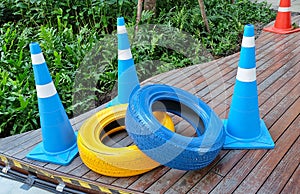 Traffic Cones with Painted Blue and Yellow Tires