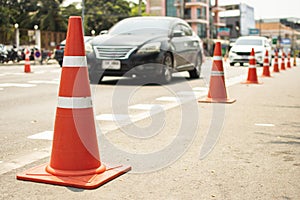 Traffic cones are placed on the road