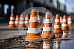 Traffic cones on the road, close-up, under construction