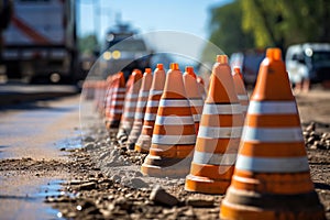 Traffic cones on the road, close-up, under construction