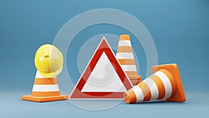 Traffic cones road cones safety helmet and road sign 3d rendering