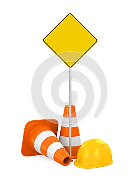 Traffic Cones, Safety Helmet and Blank Warning Sign