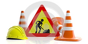 Traffic cones and sign and hard hat on white background. 3d illustration
