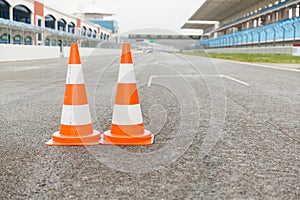 Traffic cones on speedway of stadium