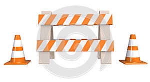 Traffic cones and an `under construction` barrier isolated on a white background. Under construction concept. Road warning sign