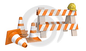 Traffic cones and an `under construction ` barrier isolated on a white background. Under construction concept. Road warning sign