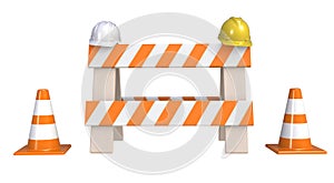 Traffic cones and an `under construction` barrier isolated on a white background. Under construction concept. Road warning sign.