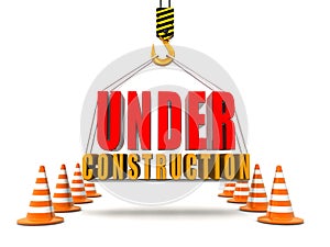 Traffic cones and a computer with the words: under construction on the display 3d render