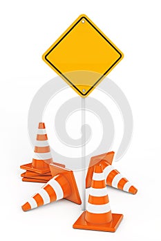 Traffic Cones and Yellow Road Sign with Free Space for Yours Design. 3d Rendering
