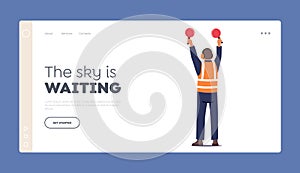 Traffic Control Landing Page Template. Airport Marshaller Male Character with Light Signs Signaling to Plane at Runway
