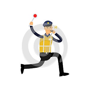 Traffic control officer running, whistling and showing stop gesture by handheld police signal