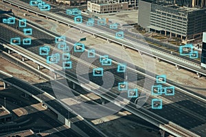 Traffic control systems. Ai or artificial intelligence, car analytics identify vehicles technology, big data of future