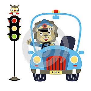Traffic cop driving patrol car with an owl on traffic light