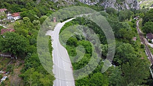 Traffic country road and railway. Aerial drone view