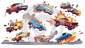Traffic crash on road with broken cars, flipped on roof vehicles, damaged auto with fire and smoke, modern cartoon set photo
