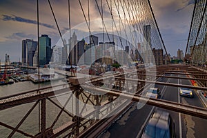 Traffic crossing the Brooklyn Bridge in New York City